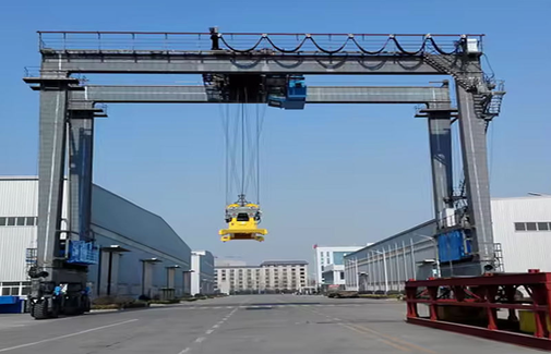 Heavy duty RTG container crane stacking containers in port yard