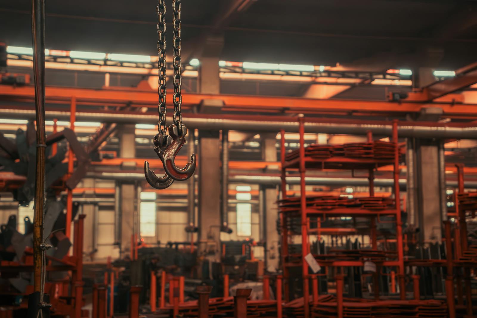 overhead crane hooks above stacked steel materials in a factory warehouse