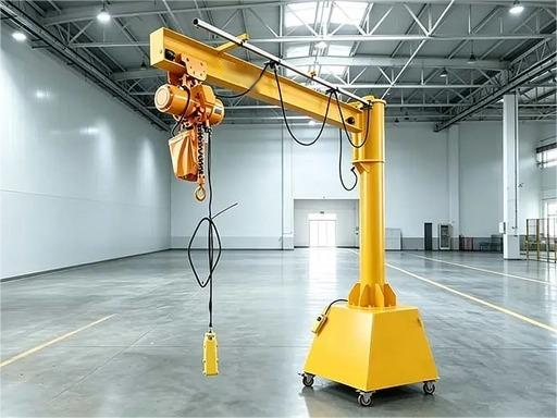 Mobile portable jib crane in an industrial workshop
