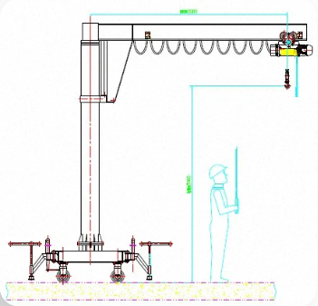 Technical drawing of a mobile portable jib crane