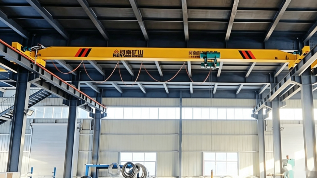 Low-headroom overhead crane in a workshop