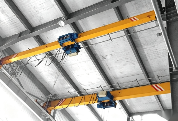 Low-headroom overhead cranes installed in a workshop