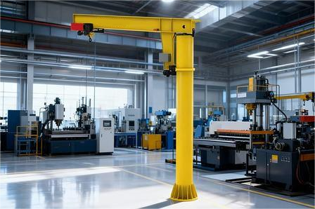 Pillar-mounted jib crane for workstation lifting in a machining workshop