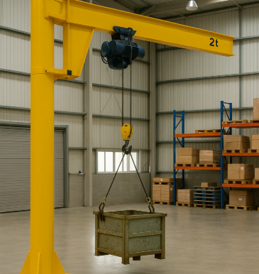 Henan Mine floor-mounted slewing jib crane lifting a container